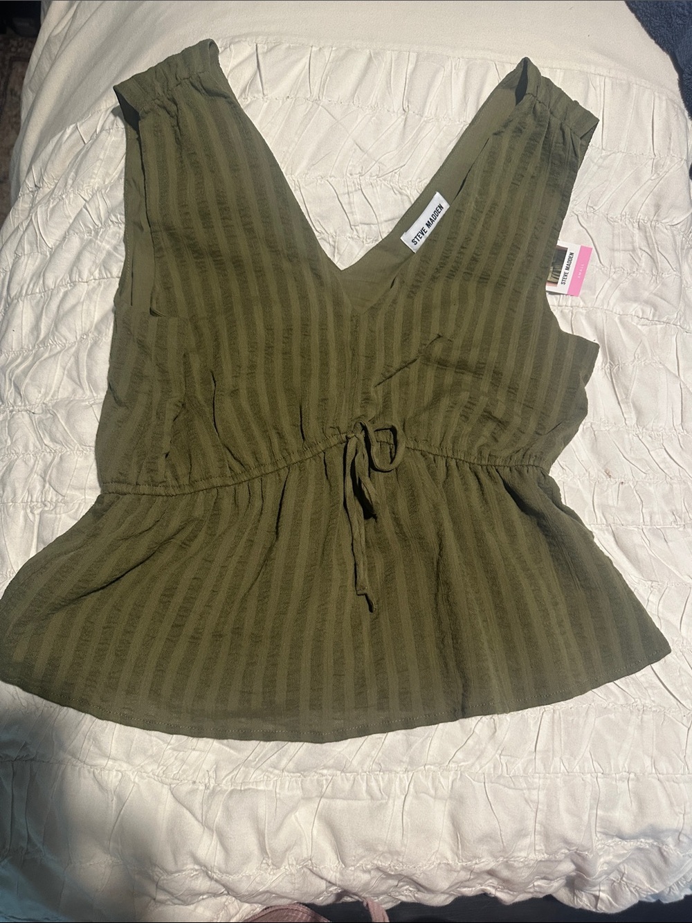 Steve Madden Olive Green V-Neck Tie-Waist Peplum Tank